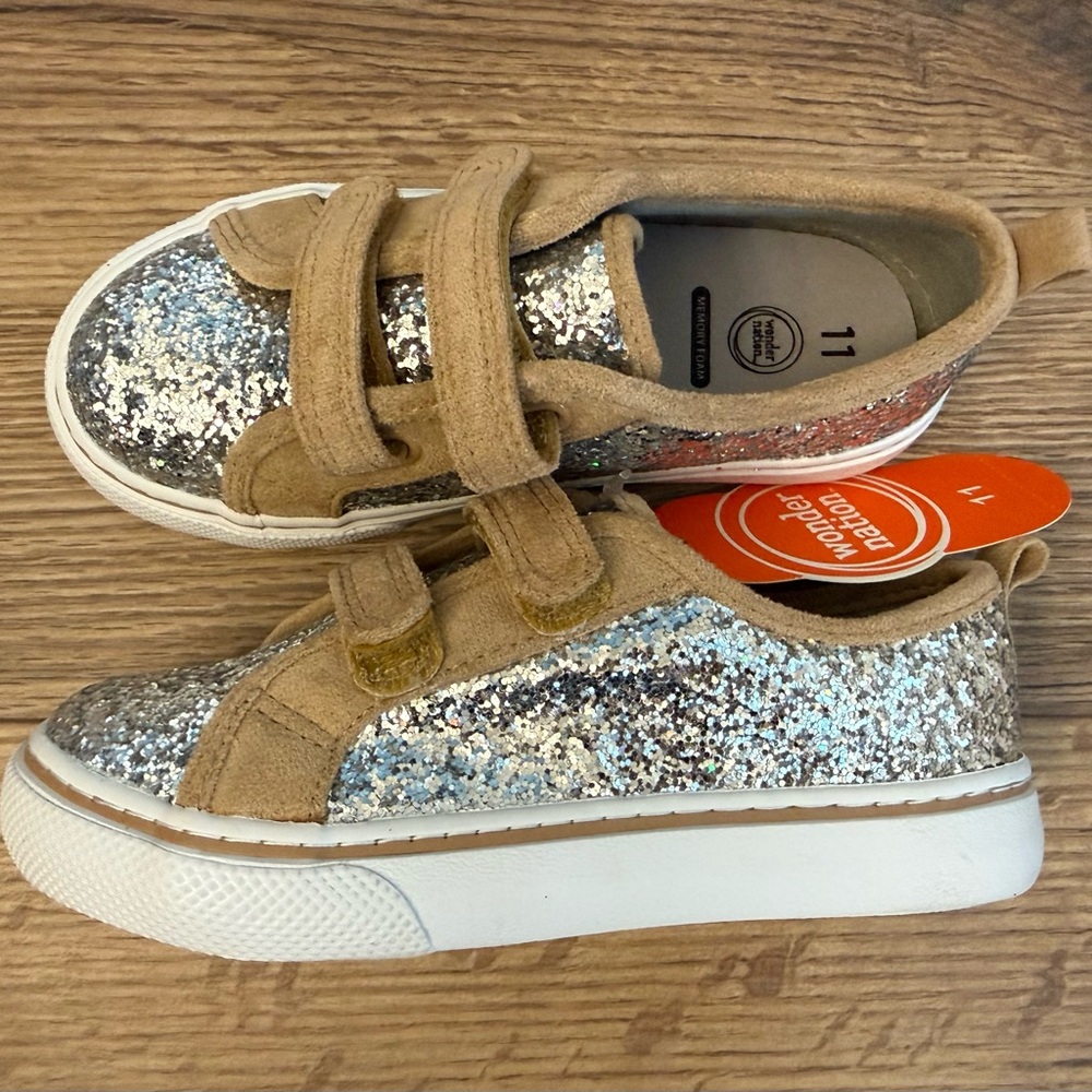 wonder nation Silver Glitter Kids Sneakers with Tan Accents